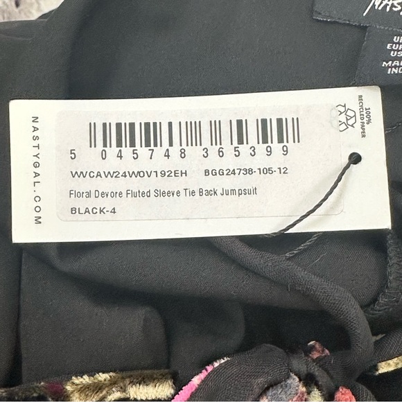 Nasty‎ Gal Floral Devore Fluted Sleeve Tie Back Jumpsuit Black Size US 0 NWT - Picture 9 of 16